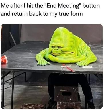 Neon-green digital creature slouches on a conference table: the meme of unmasking after the work call ends, authentic exhaustion revealed.