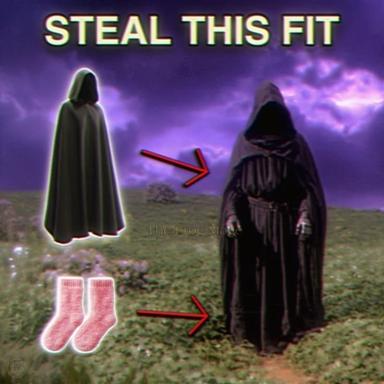 Fashion transformation meme: steal this fit — from plain hooded cloak to elaborate Dark Lord robes, upgraded with cosy pink socks.