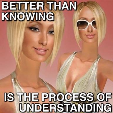 Two women with platinum blonde bobs against a pink background; the left figure pensively thoughtful, the right smug in oversized sunglasses. Classic advice-column meme comparing ignorance with understanding.