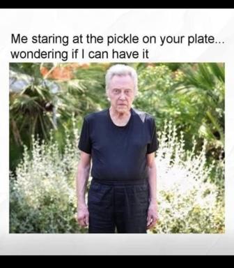 A contemplative older man in a lush garden gazes ahead with a deadpan expression, illustrating the awkward moment of silently coveting someone else's food at the table.
