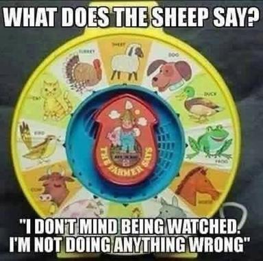 A 1990s children's toy button recast as surveillance commentary — the innocent animal chorus becomes Orwellian compliance.