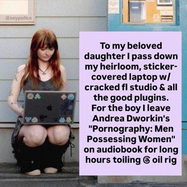 A woman with reddish-brown hair squats against a weathered blue-grey wall holding a sticker-covered MacBook, photographed next to a pink text block about passing down a cracked-software laptop and an audiobook to gendered heirs.