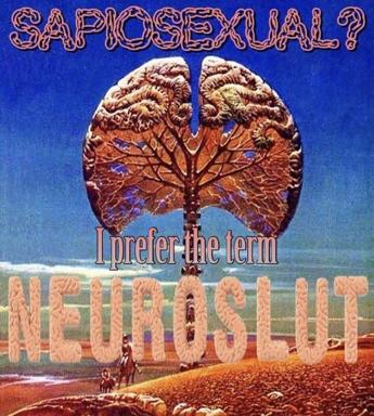 Surrealist sci-fi meme: a copper anatomical brain looms over robed figures in a burnt-orange landscape against a saturated blue sky, layering neurological philosophy with apocalyptic tone.