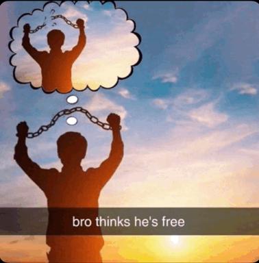 Silhouetted figure with raised arms appearing to break free from chains against a dramatic golden-hour beach sunset, but their thought bubble shows them still in chains — a commentary on false liberation or self-delusion.