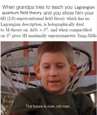 Quantum field theory so advanced even grandpa can't follow—a two-panel reversal where the kid explains incomprehensible physics to his elder.