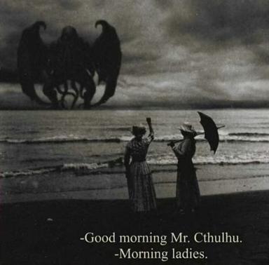 Lovecraftian cosmic horror meets cottage-core politeness: two vintage-dressed women greet an eldritch three-headed raven on a stormy beach with cheerful morning pleasantries.