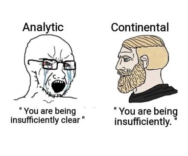 Academic philosophy types react to vague arguments: analytic demands clarity, continental shrugs and deletes the object.