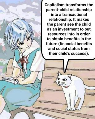 Anime character earnestly explains how capitalism reduces parent-child bonds to financial transactions. A cat is unimpressed.