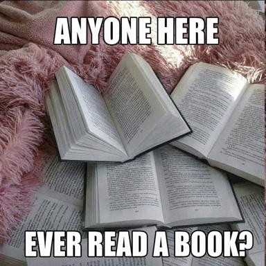 A relatable meme asking "Has anyone here ever read a book?" over a cozy flatlay of five open Russian-language books arranged on a fluffy mauve blanket, each displaying dense Cyrillic text and visible page numbers.