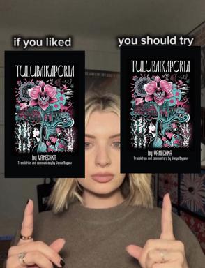Book recommendation meme: woman pointing approvingly at two identical Tulubaikaporia covers, suggesting the same book as both past read and future recommendation.