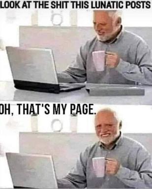 Older man reads harsh criticism of someone's posts online, then realises it's his own page — the self-aware internet dweller's existential moment, rendered in reaction-image form.