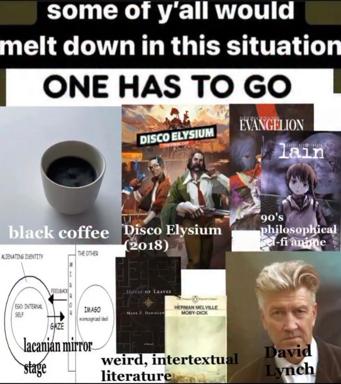 A visual humour meme categorising coping mechanisms during difficulty: black coffee, cult-media works (Disco Elysium, Evangelion), philosophical literature, and psychoanalytic concepts—each labelled as things that might sustain you through a rough patch.
