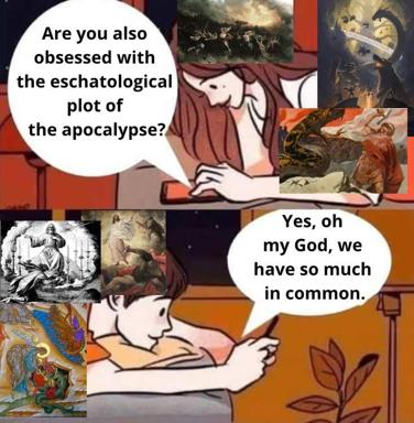 Two cartoon characters discover a shared obsession with apocalyptic religious art, featuring Old Masters and medieval eschatological paintings collaged with a two-panel meme.