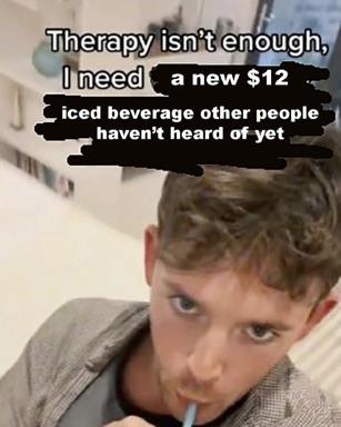 Child's scheming expression paired with a joke about retail therapy and niche consumption as a mental health strategy.