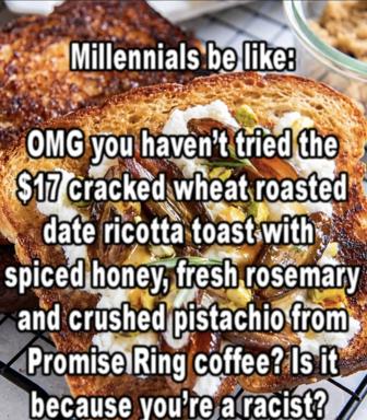 Photographic food meme mocking millennial performative food culture: an artisanal ricotta toast with dates and pistachios, overlaid with text sarcastically shaming non-adoption as moral/racial failing.