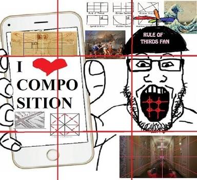 A manic collage of composition principles: stick-figure "Rule of Thirds Fan" surrounded by art history screenshots, grids, and architectural images, bound together by red crosshair analysis lines.