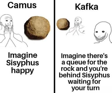 Camus vs. Kafka on Sisyphus: contentment in absurdity versus the compounding dread of bureaucratic infinite regress.
