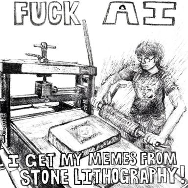 A person uses a 3D printer to produce memes, humorously contrasting cutting-edge 3D printing technology with the ancient art of stone lithography.