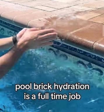 A hand testing pool water; caption reframes skincare as unglamorous maintenance work.