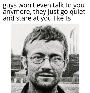 Man with glasses and closed-mouth stare, captioned with observation on male communication patterns in dating.