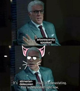 Two-panel reaction: character reframes social snub as Deleuzean critique; cat-face overlay imposed in lower panel for exaggerated offense.