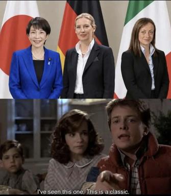 Three European/Asian female politicians (2020s formal photo) paired with a 1980s film reaction shot making a "I've seen this one—classic" joke about political cycles or historical parallels.