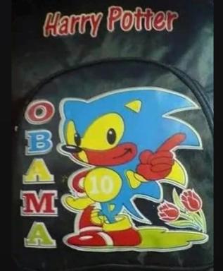 Sonic the Hedgehog redrawn in Harry Potter's visual style, with "OBAMA" spelled vertically alongside — an absurdist mashup collaging three unrelated cultural references.