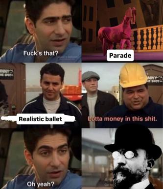 A six-panel meme sequence using Friends and construction-site footage to escalate the absurdist logic of high-art ballet performances versus manual labour, ending in pure chaos.