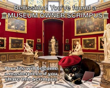 A museum scrimble meme: an anthropomorphic cat in a red beret and glasses sits at a desk in an opulent Baroque gallery, surrounded by classical paintings and statuary, editing a laptop.