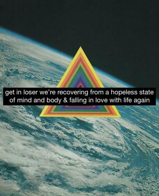 Earth from space with a layered rainbow triangle overlay and text on healing and reconnection.
