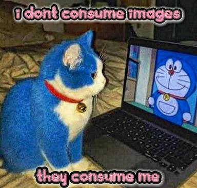 A blue cat watches Doraemon on a laptop, mirroring the cartoon character's expression in an "consuming images" mirror-meme format.