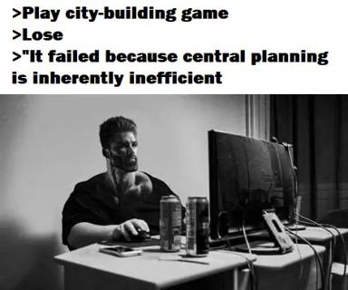 A city-building game joke: the eternal loop of playing, losing, and blaming game mechanics instead of your own poor planning choices.