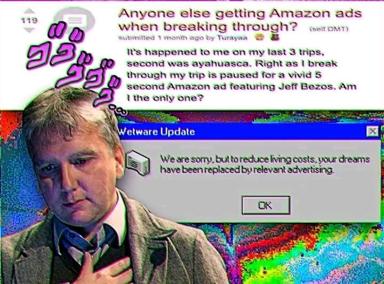 Windows 95-style error dialog announces that "dreams have been replaced by relevant advertising" — dark commentary on algorithmic life and targeted ads intruding into personal moments.
