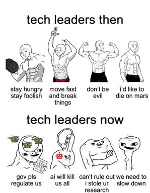 Tech leaders' motivational rhetoric (top) vs. their actual anxieties and cynicism (bottom) — a two-panel contrast exposing the gap between startup-culture idealism and the paranoia driving Silicon Valley.