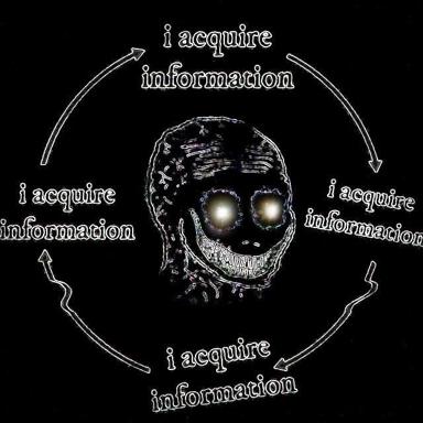 A glowing-eyed skull surrounded by cyclical arrows, each labelled "i acquire information" — visual metaphor for compulsive data-gathering or knowledge hunger rendered in horror-inflected webcore aesthetics.