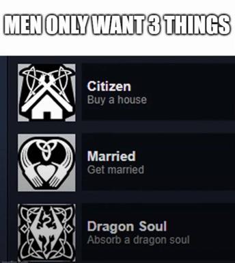 Three-panel list meme subverting male stereotypes: house, marriage, dragon soul—the last from Skyrim, leveling gaming obsession with life milestones.