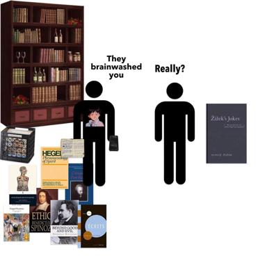 A philosophy student weighed down by canonical texts confronted with skepticism about whether reading theory books equals genuine intellectual understanding—a sharp joke about the gap between academic consumption and authentic thought.