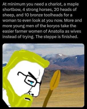A neon-green-haired character with round glasses, near-tears, overlaid on a sparse steppe landscape with distant mountains. The text above describes the collapse of historical nomadic marriage prospects due to socioeconomic shifts.
