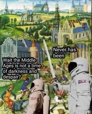 Astronauts in a medieval landscape debate the historical register of the Middle Ages—a collision of space-age literalism with art-historical rhetoric.