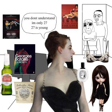Young-but-old: a woman in pearls claims "I'm only 27" while surrounded by markers of cultured adulthood — Bataille, Diptyque, Wong Kar-wai.