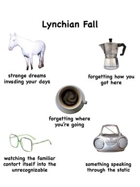 Surreal object-labelling meme mapping the phenomenology of "Lynchian Fall" — dissociation, amnesia, and the slow strangeness of familiar things.