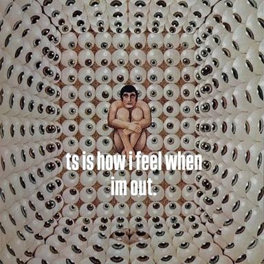 Crouching figure surrounded by an unsettling wallpaper of watching eyes, captioned to convey social anxiety and emotional fragility.