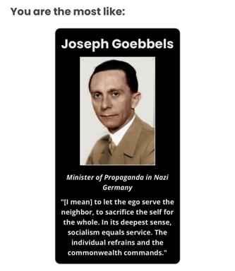 Dark political meme pairing a formal portrait of Nazi propagandist Joseph Goebbels with a quote about collective sacrifice, framing ideological alignment with the viewer's presumed values.