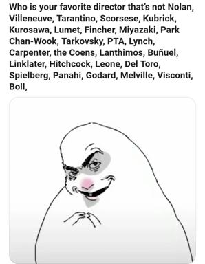A minimalist line-drawn figure looking sheepish or uncertain, responding to an overwhelmingly long question about favorite film directors excluding all the famous ones.