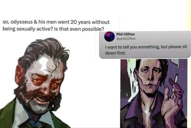 A meme joke about Odysseus's sexual abstinence during his 20-year journey, featuring a Twitter reply setup and contrasting classical and modern illustration styles.