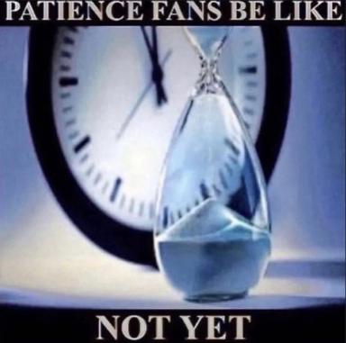 A butterfly mid-emergence from its cocoon, framed between analog clock faces. Meme text: "PATIENCE FANS BE LIKE" (top) and "NOT YET" (bottom). Relatable humor about endlessly waiting for a long-delayed book, game, or series release.