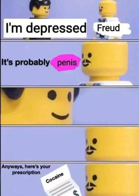 Freud diagnosis meme: depression → penis → cocaine prescription, rendered in Lego minifigs with increasingly satisfied expressions