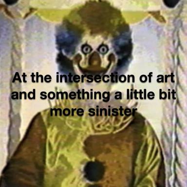 A digitally uncanny creature with wide luminous eyes stares directly at the viewer from a verdant, muted background, paired with a deadpan philosophical caption about art and sinister things.