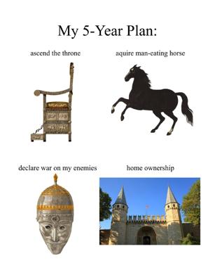 A humorous "5-Year Plan" meme contrasts fantastical historical ambitions (ascend a throne, acquire a man-eating horse, declare war) with the mundane goal of home ownership, each paired with museum artefacts and a castle photograph.