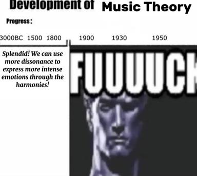 A "Development of Music Theory" timeline chart documents classical harmony's slow progress until ~1950, when "MORE DISSONANCE" explodes, paired with faux-serious text celebrating emotional expression through harmonic dissonance.